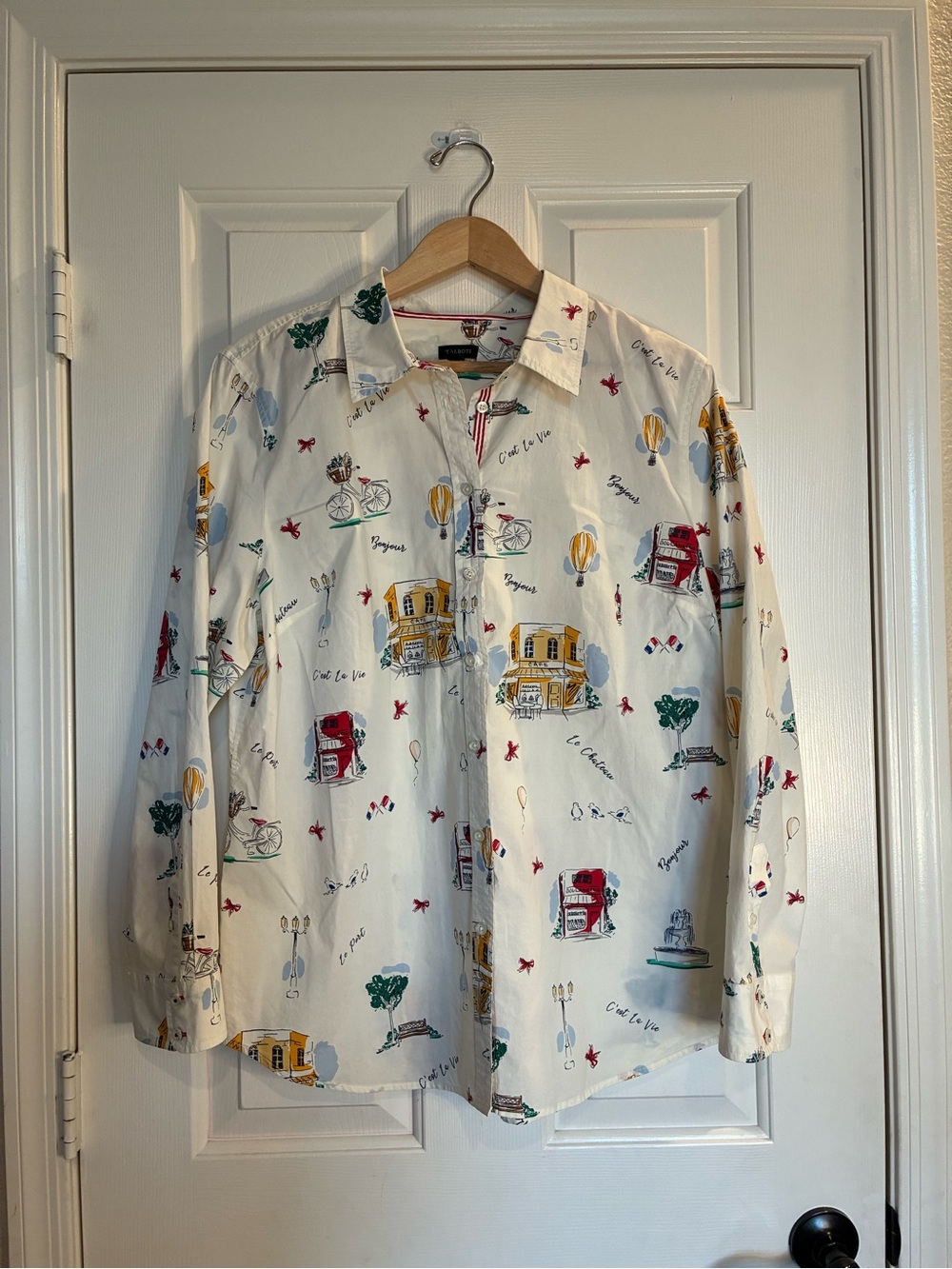 Talbots Cream Button-Down Shirt with Multi-Color Parisian Print
